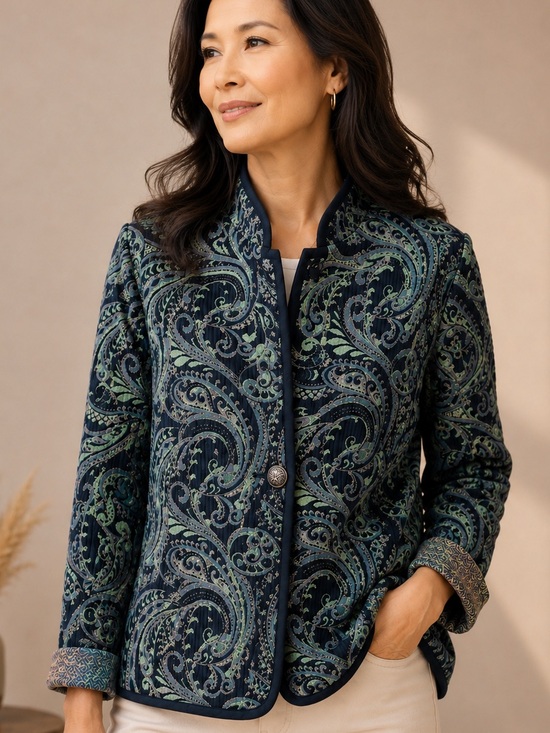 Jackets & Blazers - Women's Paisley Quilted Artisan Jacket - Navy & Mint